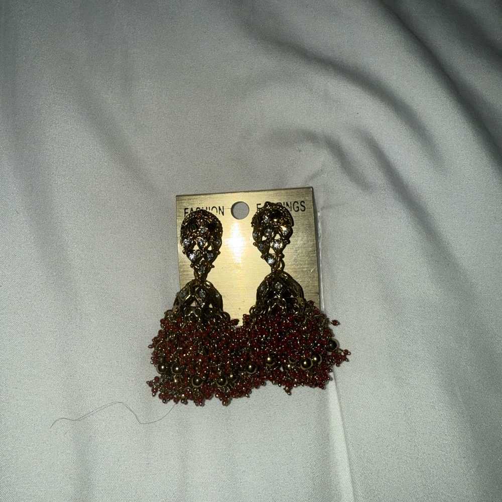 Gold and Red Beaded Dangle Earrings